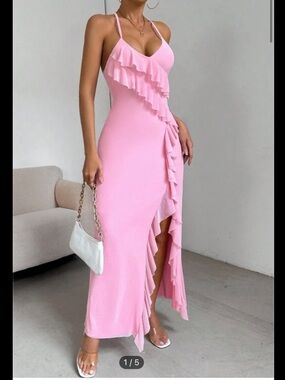 Pink Ruffle Dress with Side Slit